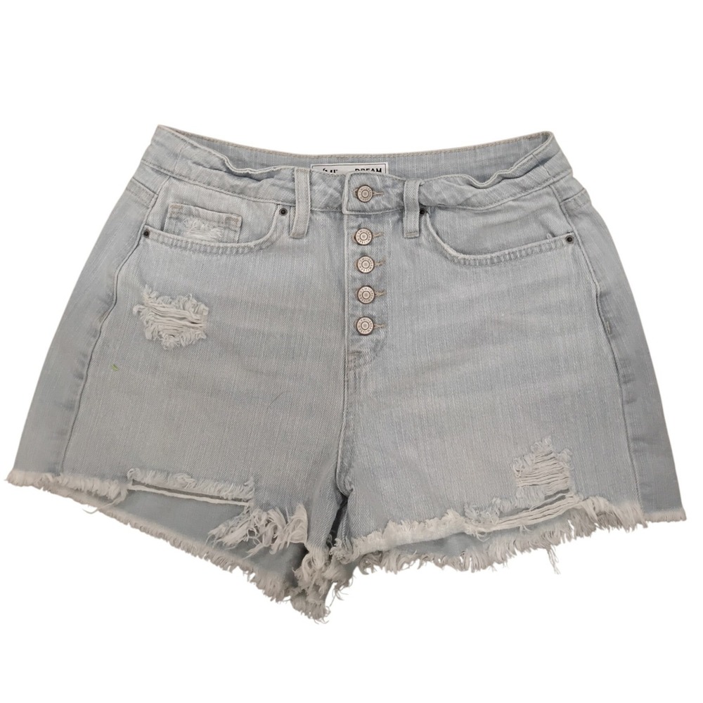 YMI Dream Light‎ Wash High Waisted Button Fly Raw Hem Denim Shorts Womens 11/30